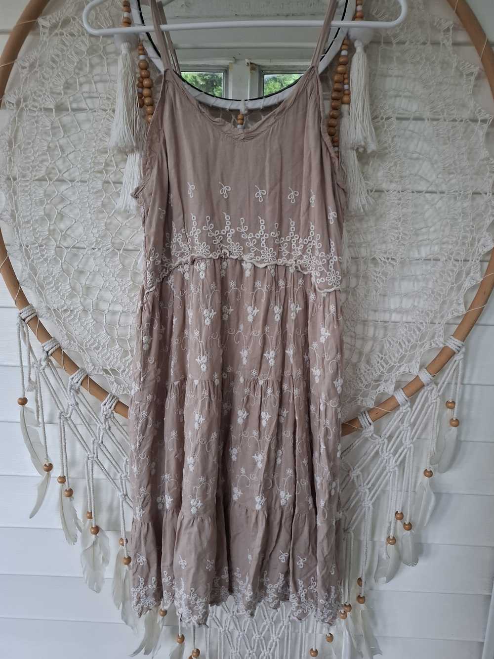 Taupe Embroidered Boho Adjustable Strap Dress Size Junior Large